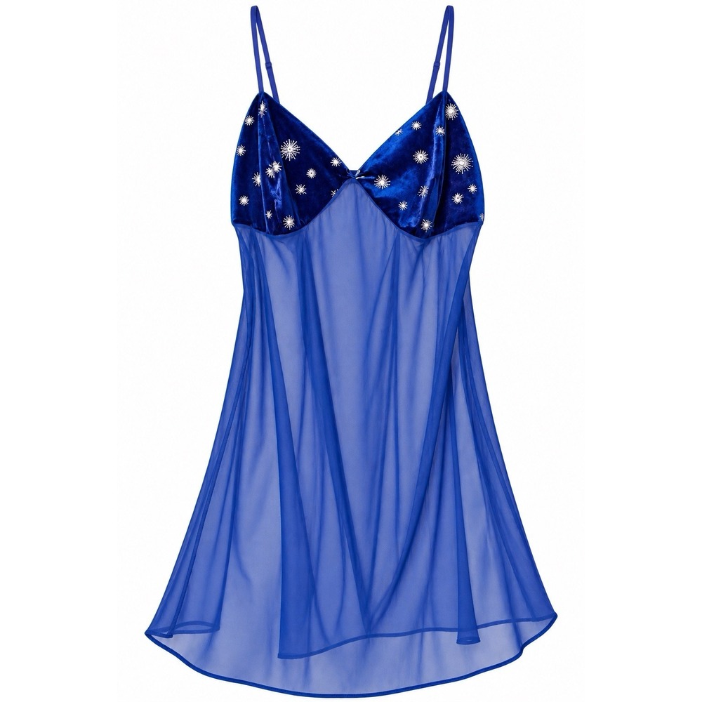 Y2K Vintage Babydoll Chemise Blue L Velvet Sheer Metallic Celestial Starburst